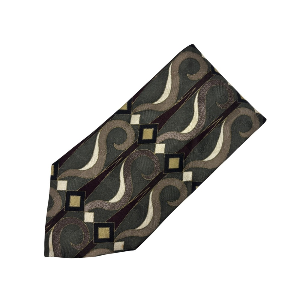Martin‎ Wong Silk Necktie Mens One Size Olive Green Abstract Geometric Wide Tie
